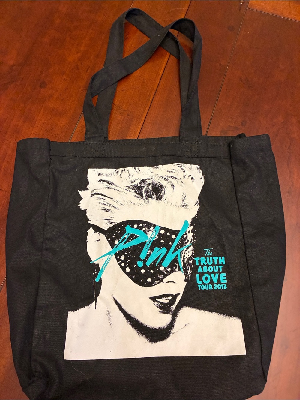 P!nk Black Canvas Tote Bag with Teal Graphic tour 2013